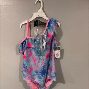 Girls' Pink & Blue Tropical One-Shoulder Swimsuit